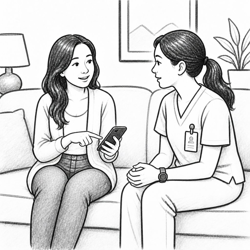Patient showing ThriveSig on her phone to a healthcare provider, having an informed conversation