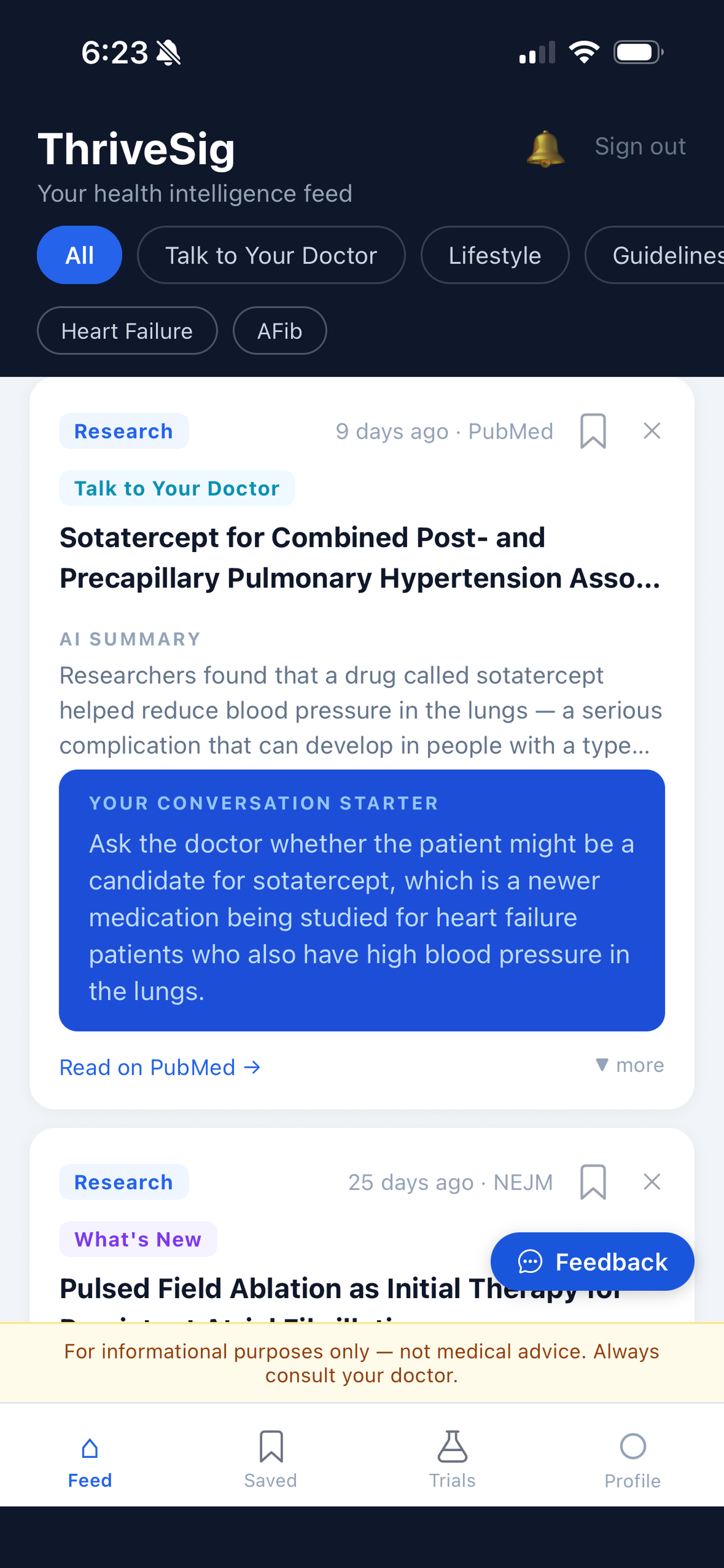 ThriveSig feed showing Talk to Your Doctor conversation starters